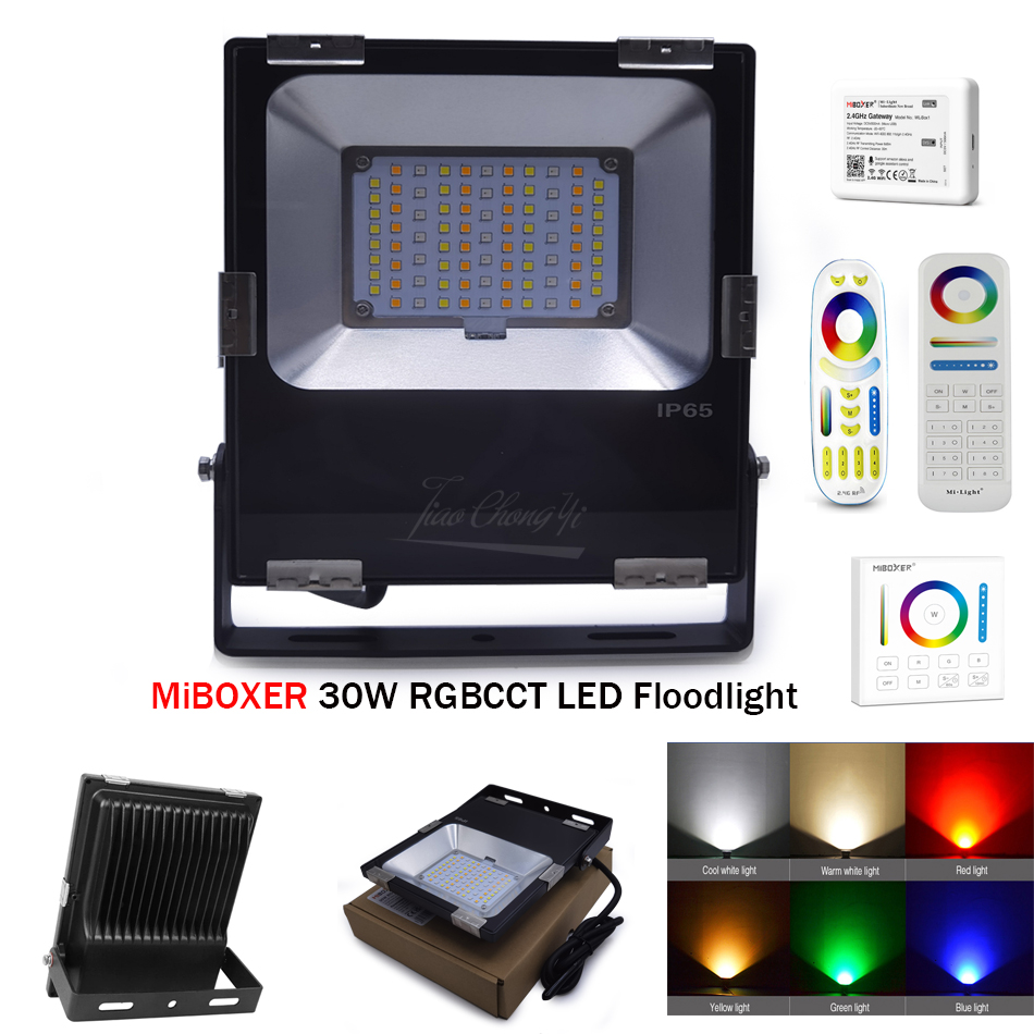 FUTT03 30W RGB + CCT AC86-265V MiBoxer 똑똑한 LED 투광 램프 방수 옥외 2.4G 무선 인조 인간/iOs WiFi APP 음성 통제